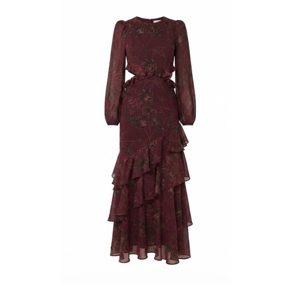 ASTR The Label Burgundy Plum Brown Biella Dress Womens XL Maxi Cut Out Chiffon